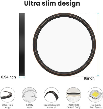 libtit 16Inch Flush Mount LED Ceiling Light Fixture, 3000K 4000K 6500K Adjustable, 36W 3600lm Rubbed Bronze Satin Round Ceiling Lamp for Bathroom Shower Hallway Kitchen, 2 Pack