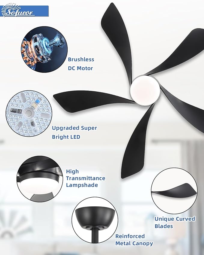 Sofucor 45 Inch Ceiling Fan with Lights and Remote, Indoor/Outdoor Ceiling Fan with Light 6-Speed 3 CCT 3-Timer, Low Profile Black Ceiling Fan 5 Blade Quiet DC Motor for Bedroom Living Room Patio