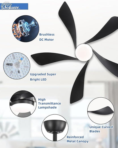 Sofucor 45 Inch Ceiling Fan with Lights and Remote, Indoor/Outdoor Ceiling Fan with Light 6-Speed 3 CCT 3-Timer, Low Profile Black Ceiling Fan 5 Blade Quiet DC Motor for Bedroom Living Room Patio
