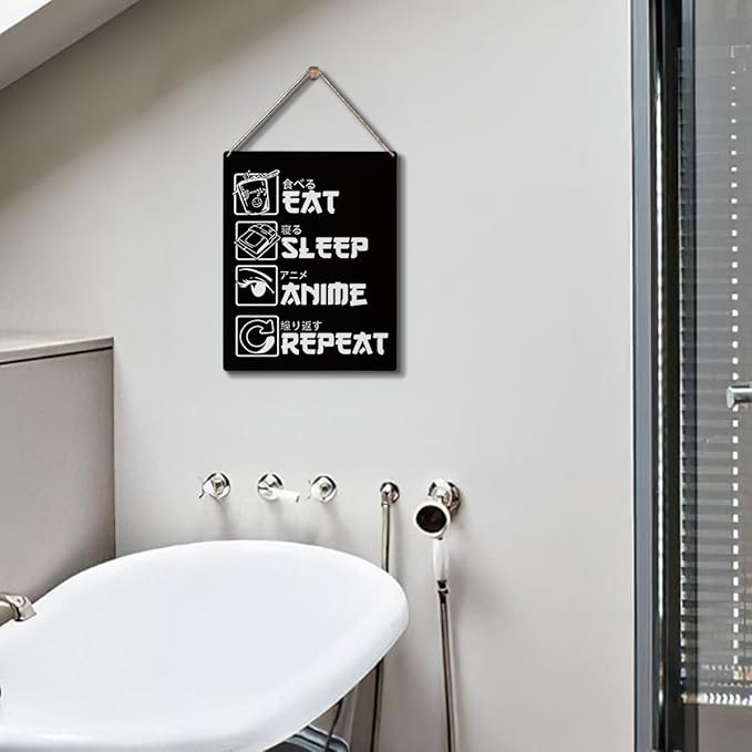 Anime Decor,Eat Sleep Anime Repeat Sign,Rustic Anime Lovers Wooden Hanging Plaque Anime Merch Gifts for Home Living Room Girl Bedroom Wall Art Decoration