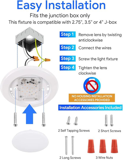 4 Pack 6 Inch LED Disk Light, Dimmable Flush Mount Ceiling Lights, Daylight 5000K, 15W 1100LM, CRI 90+, Low Profile Surface Mount Ceiling Disc Light, Wet Rated, Installs into Junction Box, ETL & FCC