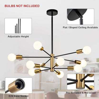 SINERISE Modern Sputnik Chandelier Light Fixture, 10-Light Chandelier Ceiling Light Fixture Black and Gold Mid Century Chandelier Height Adjustable for Kitchen, Living Room, Bedroom, Hallway and Foyer