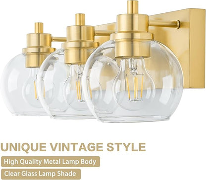 Tuscarora Bathroom Light Fixtures Gold Vanity Light 3 Light Wall Sconces Lighting Brushed Brass Bathroom Lights Bath Wall Lights Wall Lamp for Mirror (Brushed Gold & Clear Glass)