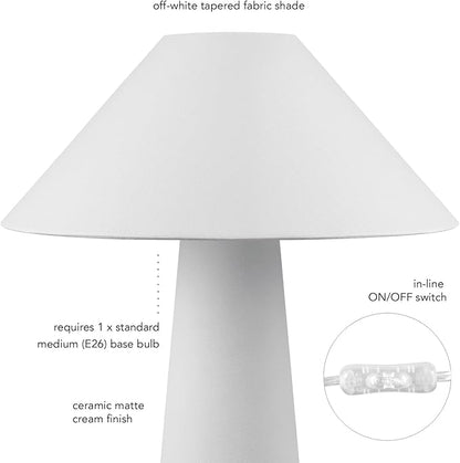 Novogratz x Globe 18" Ceramic Table Lamp, Matte Cream, Off-White Tapered Fabric Shade, in-Line Rocker Switch, 5 Ft. Clear Cord, Home Office, Desk, Living Room