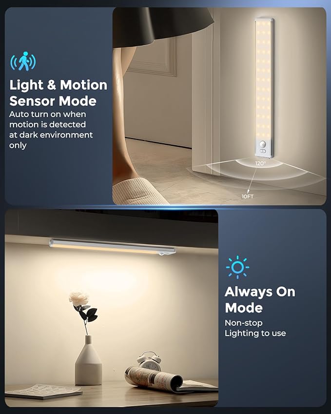 Under Cabinet Lighting - 10.5" Motion Sensor Light Indoor, Magnetic Wireless Closet Lights, Dimmable Led Night Light, Rechargeable Under Counter Lights for Kitchen, Bedroom, Stair, 2 Pack
