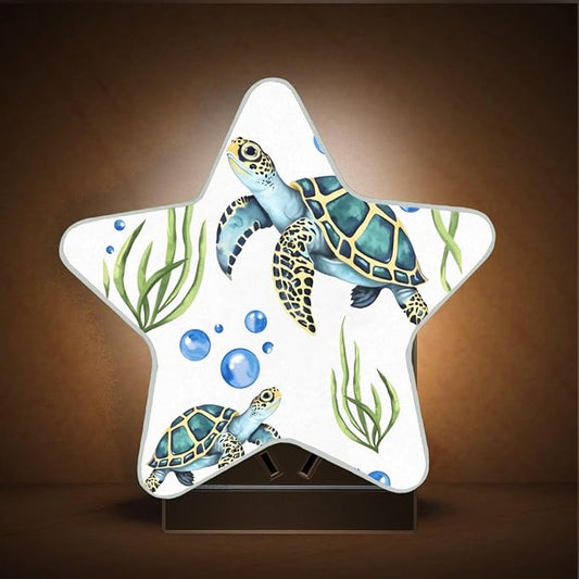 Watercolor Sea Turtles Plug in LED Night Light Lamp with Dusk to Dawn Sensor for Hallway, Kitchen, Bathroom, Bedroom - Star Shaped Decor