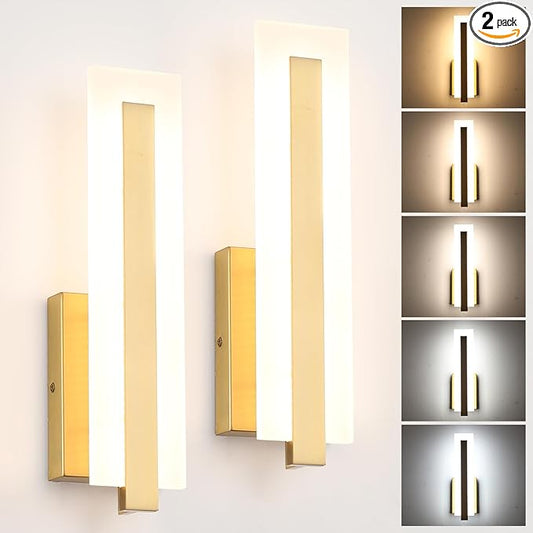 Tipace Hardwired Gold Dimmable Modern LED Wall Sconce 2 Packs 3000K 3500K 4000K 5000K 6000K Indoor Wall Lights Up and Down Wall Mount Light for Living Room Bedroom Hallway Corridor(5CCT)