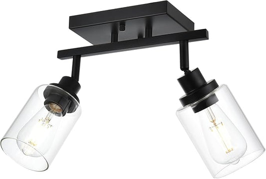2-Light Track Lighting Kit Black Track Lighting Fixtures Bathroom Wall Sconces Ceiling Mount Kitchen Tracking Lights, Rotatable Spotlight with Clear Glass Shade for Kitchen Shop Hallway