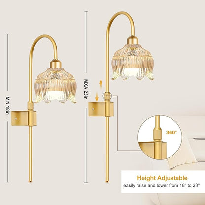 Vintage Battery Operated Wall Sconce with Flower Glass lampshade,Dimmable Battery Operated Wall Sconces Set Of Two,Rechargeable Battery Wall Lights lamp with13 Colors for Bedroom Living Room Hallway