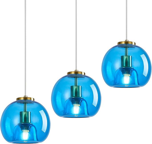 Light Blue Glass Pendant Lights Kitchen Island Gold Hanging Light Fixture Glass Globe Pendant Light Modern Pendant Lighting for Kitchen Island Bedroom Dining Room (7.87", B Style-3 Pack)