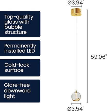 Modern Gold Single Pendant Light with Bubble Glass, Small Globe Pendant Light 70.86" Drop, Kitchen Pendant Lighting Over Island, Bar, Entryway, Warm White 3000K, 519 lm, Ø 4.73"