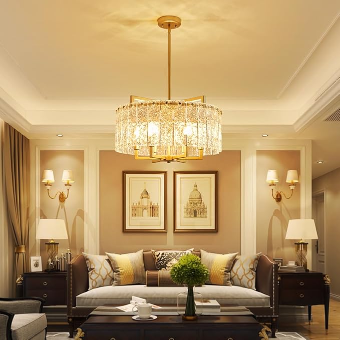 Shrine Lighting Crystal Chandeliers, Modern Luxury Style, Perfect Pendant Light Fixture for Living Space, D20'' × H4'', Adjustable 43'', 6 x E12 Sockets, Glass Shade & Brass Finish Frame