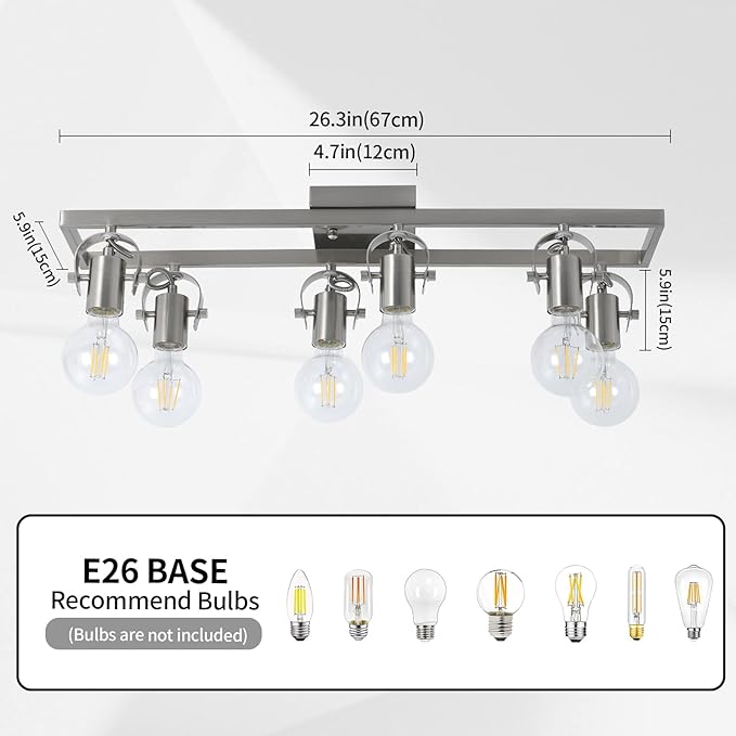 KEESFU 6-Light Nickel Track Lighting Fixtures Ceiling, Modern Silver LED Track Lighting with 6 Rotatable Heads, for Kitchen, Hallway, Living Room (Bulbs Not Included)