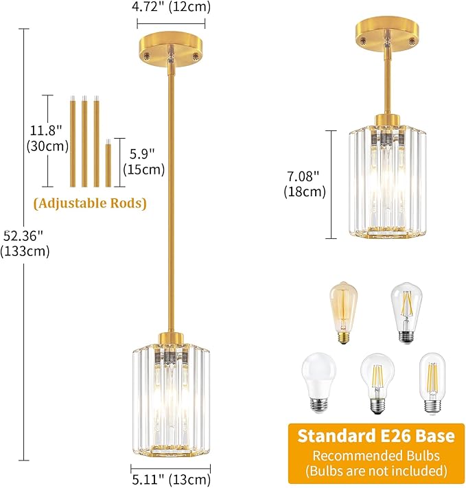3-Pack Brushed Gold Pendant Lights Kitchen Island Modern Crystal Hanging Pendant Light Hexagonal Mini Chandelier Adjustable Hanging Kitchen Lights for Dining Room Hallway Bedroom Entryway Pendant Lamp