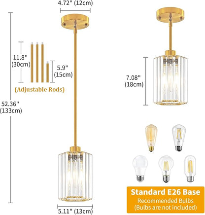 3-Pack Brushed Gold Pendant Lights Kitchen Island Modern Crystal Hanging Pendant Light Hexagonal Mini Chandelier Adjustable Hanging Kitchen Lights for Dining Room Hallway Bedroom Entryway Pendant Lamp