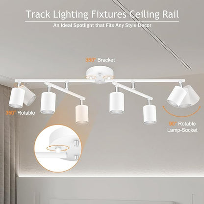 BoostArea 6 Light Track Lighting Kit, White 6 Way Ceiling Spot Lighting, Center Swivel Track Light Heads, Flexibly Rotatable Light Head for Kitchen, Living Room, Bedroom, GU10 Bulb Not Included