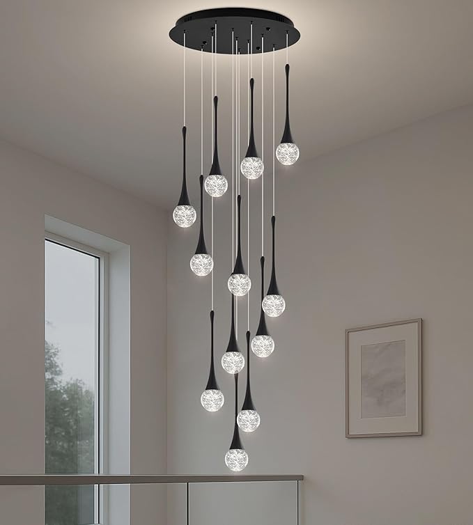 Modern Crystal Staircase Chandelier for High Ceilings, Glam LED Dimmable Pendant Light Living Room Entryway Foyer Chandelier Lighting Fixture Black 12-Lights