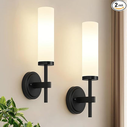MOKATNG [Hardwired] Wall Sconces Set of Two, Matte Black Bathroom Sconces with Milky White Glass, Modern Wall Light Fixtures for Bathroom Mirror Vanity, Living Room, Hallway, Stairway, Cabinet, Foyer