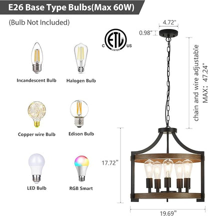 5-Light Farmhouse Chandelier, 20" Black Metal Faux Wood Pendant Light Fixtures, Hanging or Semi Flush Mount Rustic Chandelier for Dining Room, Foyer, Living Room, Kitchen