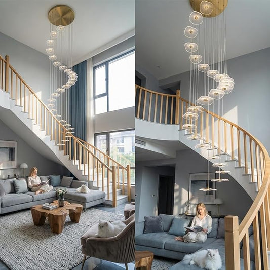ziidoo High Ceiling Chandelier - 32-Light Dimmable Modern Gold Long Spiral Luxury Linear Lotus Leaf Led Lamp Hanging Pendant Lights for Foyer Enterway Staircase Villas