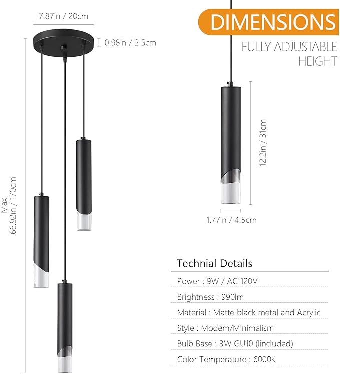 Modern Pendant Light Kitchen Light Fixture Dimmable LED Black Mini Pendant Lights Dinning Room Black Pendant Lighting for Kitchen Island Bedroom (3-Light)