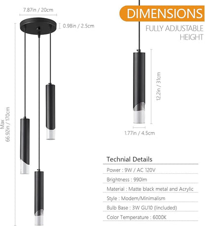 Modern Pendant Light Kitchen Light Fixture Dimmable LED Black Mini Pendant Lights Dinning Room Black Pendant Lighting for Kitchen Island Bedroom (3-Light)