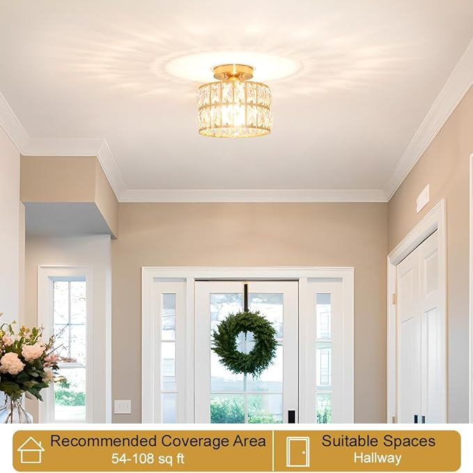 Lxybcce Crystal Ceiling Light Fixture, Modern Brushed Gold Semi Flush Mount Ceiling Chandelier Light for Hallway Entryway Kitchen Bathroom, Small Chandelier Light for Bedroom Closet, 1-Light, 9 Inch