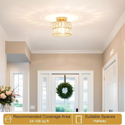 Lxybcce Crystal Ceiling Light Fixture, Modern Brushed Gold Semi Flush Mount Ceiling Chandelier Light for Hallway Entryway Kitchen Bathroom, Small Chandelier Light for Bedroom Closet, 1-Light, 9 Inch