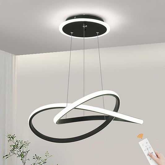 Modern LED Chandelier, 3-Color Dimmable with Remote Control, Adjustable Height Pendant Light Fixture with Base LED Light Strip, Modern Hanging Light for Dining Room Kitchen Island Living Room