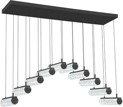 Crystal Ring Chandelier for Dining Room,Black 10 Lights Rectangular Crystal Pendant Lights Over Table Modern Linear Crystal Chandelier Dimmable with Remote Control