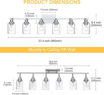 6-Light Track Lighting Kit Ceiling Kitchen Track Lighting Fixtures Chrome Bathroom Vanity Wall Lights with Clear Glass Multi-Directional Rotating Tracking Light Heads Spotlight for Accent Shop