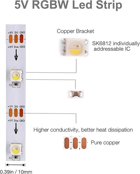 DC5V SK6812 (Similar WS2812B) RGBW RGB+Warm White led Strip Light 30leds/Pixels/m Individually Addressable 4 Color in 1 LED Dream Color (16.4ft(5m) 150leds IP30) (No Adapter or Controller)