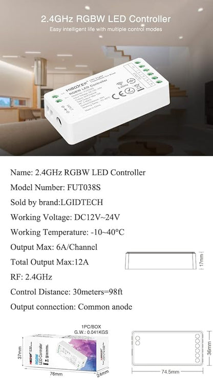 LGIDTECH FUT038S RGBW Color LED Strip Light Controller,Input DC 12-24V,Output Max 12A