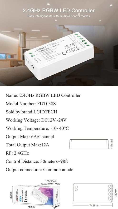 LGIDTECH FUT038S RGBW Color LED Strip Light Controller,Input DC 12-24V,Output Max 12A
