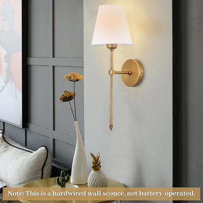 Bsmathom Wall Sconces Sets of 2, Hardwired Classic Brushed Brass Sconces Wall Lighting, Bathroom Vanity Light Fixture with Fabric Shade for Bedroom Living Room Hallway Kitchen, Gold