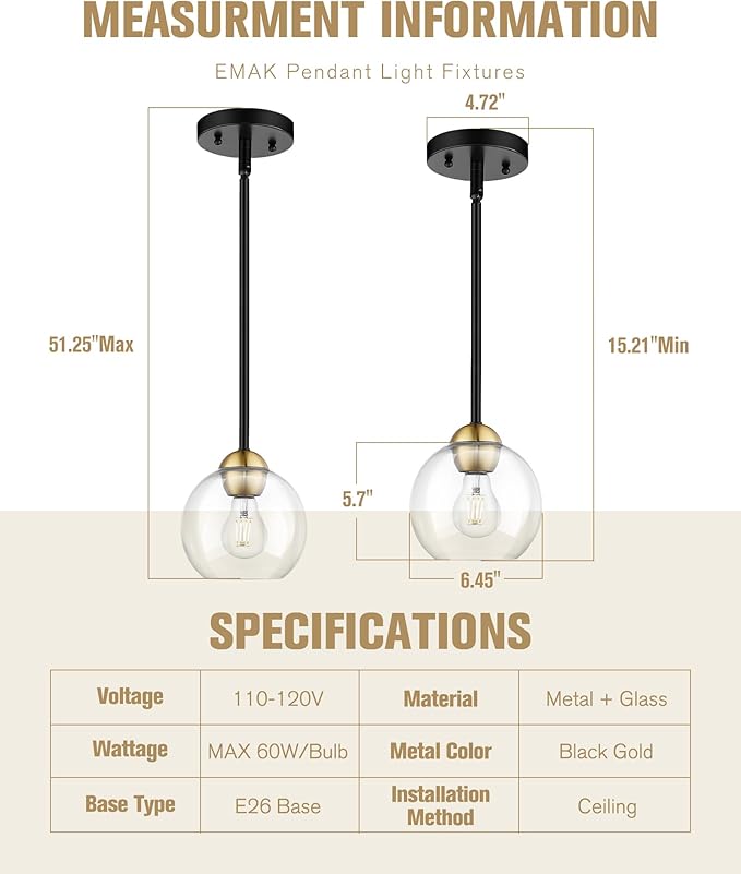 Emak 2 Pack Black and Gold Pendant Light Fixtures, Modern 7 Inch Globe Pendant Lights Kitchen Island with Clear Glass Shade, 1 Light Hanging Lights for Kitchen, Bedroom, Bathroom, PL119-BKBGD-2PK