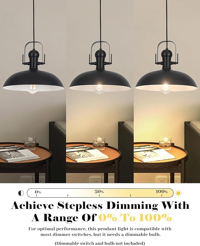 Black Pendant Lights Kitchen Island 2 Pack, Dome Pendant Light 13.8" W, Black Farmhouse Pendant Light for Kitchen Barn Hallway Porch Dining Room