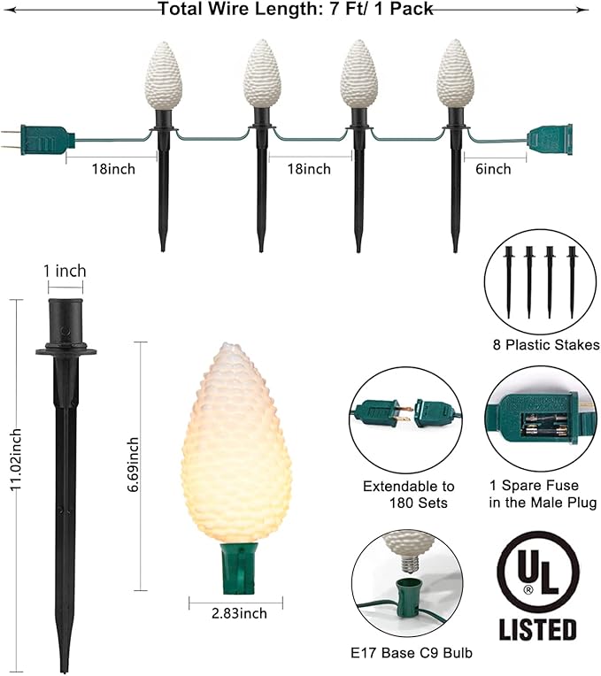 Abeja C9 Christmas Pathway String Lights, 14Ft LED Pinecone Pathway Stakes with 8 Pine Cone Lights, Christmas Lights Outdoor Yard Decorations for Walkway & Driveway Use-2 Sets