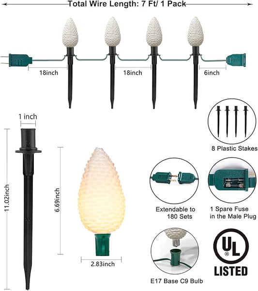 Abeja C9 Christmas Pathway String Lights, 14Ft LED Pinecone Pathway Stakes with 8 Pine Cone Lights, Christmas Lights Outdoor Yard Decorations for Walkway & Driveway Use-2 Sets
