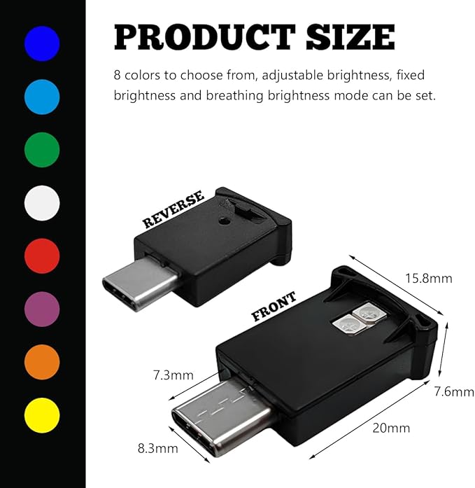 USB Type C LED Ambient Light, 8 Colors RGB LED Car Atmosphere Lamp with Adjustable Brightness, 5V Plug-in USB Night Lights Interior Decoration for Vehicle Home Office
