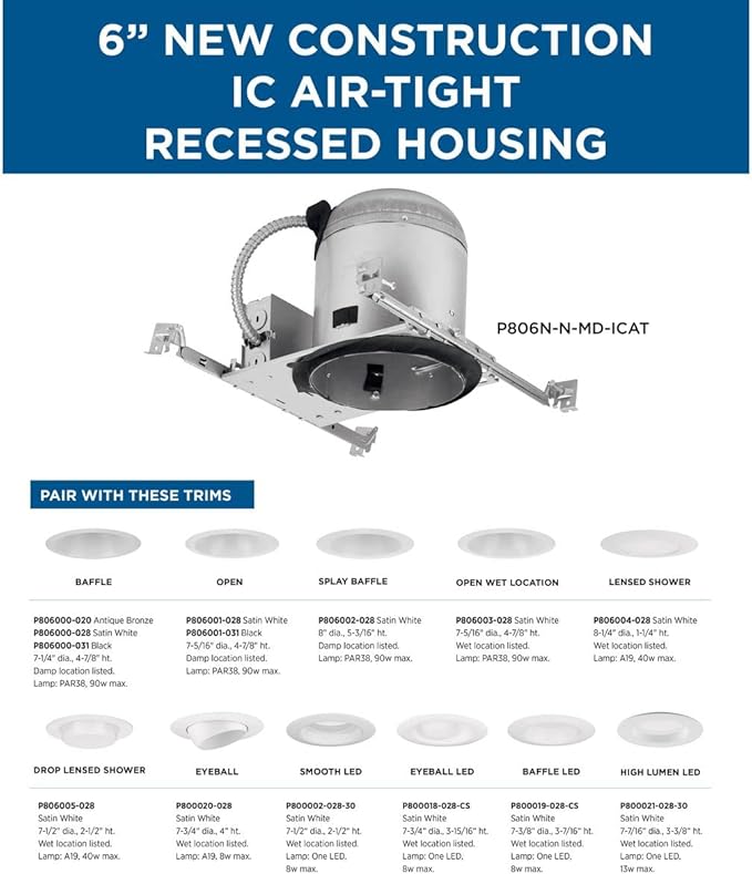 Progress Lighting P806N-N-MD-ICAT 6" Recessed New Construction Housing with Quick Link Connector 6" Trim