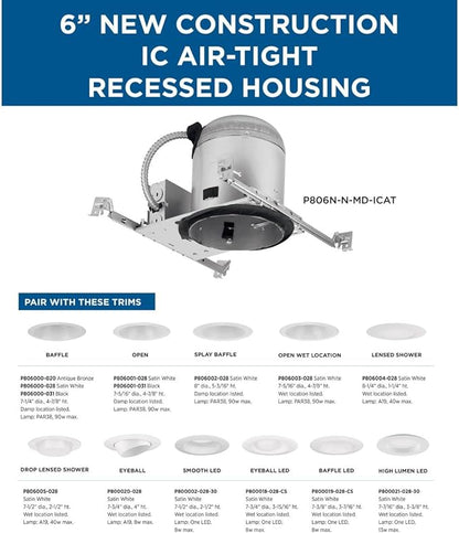 Progress Lighting P806N-N-MD-ICAT 6" Recessed New Construction Housing with Quick Link Connector 6" Trim