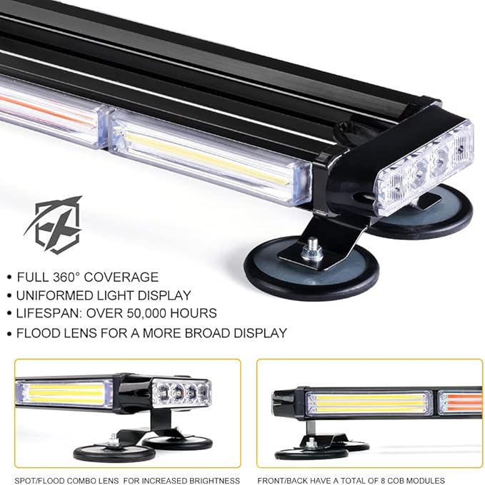 Xprite 26" COB LED Strobe Rooftop Flashing Light Bar, Double Side Hazard Warning Beacon Safety Lights w/Magnetic for Emergency Vehicles Firefighter Cars Trucks Traffic Security White & Red