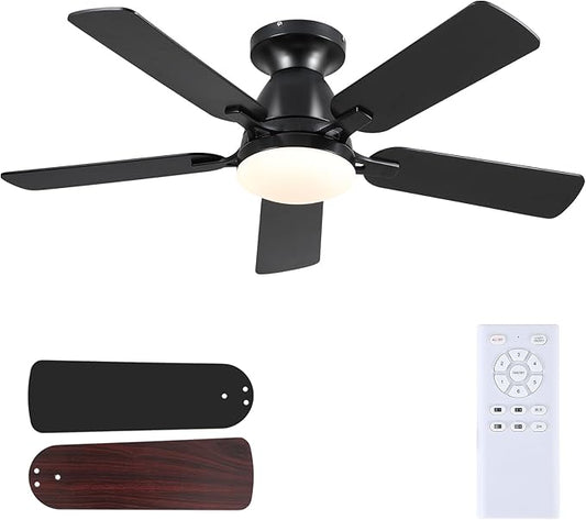 Mpayel 46 Inch Ceiling Fans with Lights and Remote, Black Ceiling Fan with Light Flush Mount, Low Noise, Reversible, Dimmable, Modern Low Profile Ceiling Fan with Light for Bedroom Indoor Outdoor