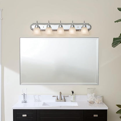 Kichler 5-Light Bathroom Vanity Light Fixture, 36" Traditional Design with Satin Etched Glass Shades in Tannery Bronze for Over Mirror Lighting (36" x 8" x 8"), 5339CHS