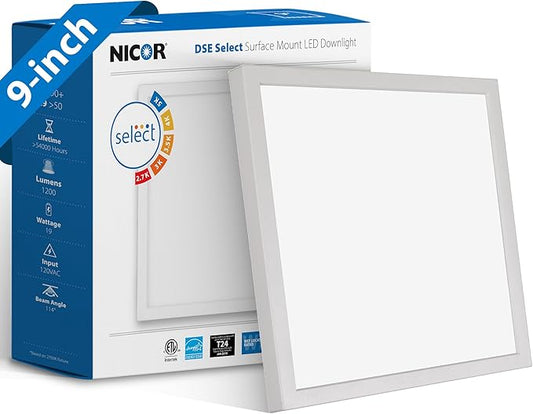 9” Square LED Surface Mount Ceiling Light - Dimmable Ceiling Light for Kitchen - Selectable CCT 2700K-5000K, 1219-1271 Lumens, 18.6W - DSE Edge-Lit Downlights for Ceiling, White by NICOR Lighting