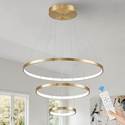 3 Rings LED Chandeliers Modern Gold Chandelier Dimmable Flush Mount Pendant Light Fixture Remote Control Contemporary Pendant Chandelier for Dining Room Bedroom Foyer, 3000-6500K