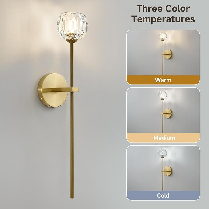 Gold Crystal Wall Sconces with G9 Bulbs, Mid Century Modern Diamond Decor Light Brass Vintage Long Lighting Fixture Hardwired for Elegant Vanity Living Room Bedroom Bathroom Hallway