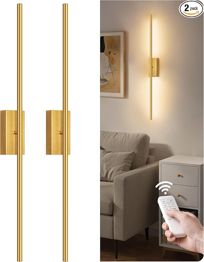 34.6" Wireless Battery Operated Wall Sconces Set of Two,Rechargeable Lamp with Remote, 360° Rotation, 10000mAh Battery, Touch Dimmable Lights for Living Room Hallway Bedroom, Gold D05YBP205