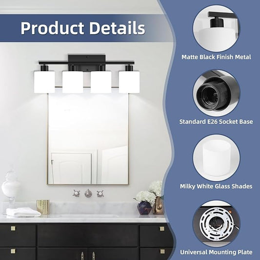 SILAMPDI Black Bathroom Light Fixtures Over Mirror, 4-Light Vanity Lights for Bathroom, Modern Wall Sconces Lighting for Bedroom Living Room, Milky White Glass Shades, E26 Base, Bulbs Not Included